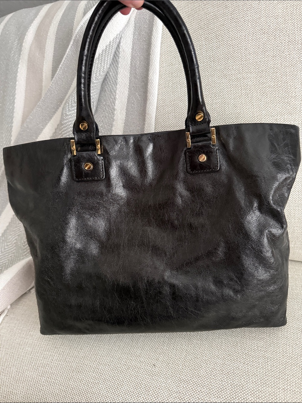 Tory Burch Black Leather Logo Tote with Gold Hardware - Picture 3 of 10